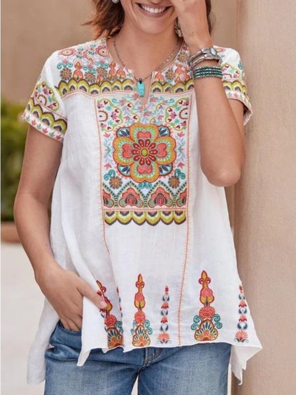 Johnny Was Tamia Boho Embroidered White Short-Sleeve Top Medium